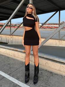 SHEIN ICON Cut Out Front Mock Neck Bodycon Dress - Black - View 5