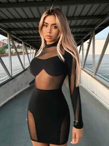 SHEIN ICON 網紗拼接小高領緊身連衣裙 - 黑色 - 查看 3