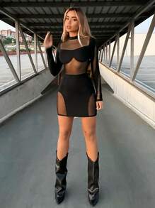 SHEIN ICON 網紗拼接小高領緊身連衣裙 - 黑色 - 查看 5