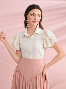 Mulvari Camisa de manga mariposa con botón delantero - Albaricoque - Ver 4