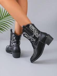 Giày bốt thêu phong cách Ken Dou Hot, giày bốt cao bồi dài qua đầu gối phong cách mới của Châu Âu và Mỹ, đế dày, cổ điển, lý tưởng khi kết hợp với áo len - màu đen - Xem 2