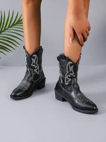 Giày bốt thêu phong cách Ken Dou Hot, giày bốt cao bồi dài qua đầu gối phong cách mới của Châu Âu và Mỹ, đế dày, cổ điển, lý tưởng khi kết hợp với áo len - màu đen - Xem 3