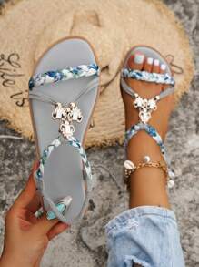 Summer Woven Flat Sandals Lightweight Anti-slip Beach Shoes With Random Grey Pattern - Grey - View 2