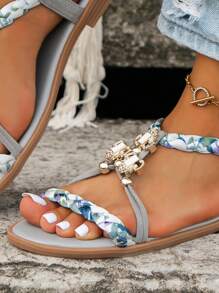 Summer Woven Flat Sandals Lightweight Anti-slip Beach Shoes With Random Grey Pattern - Grey - View 3