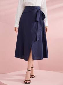 Seusyu Solid Tie Side Wrap Skirt - Navy Blue - View 1