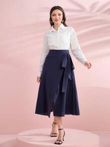 Seusyu Solid Tie Side Wrap Skirt - Navy Blue - View 3