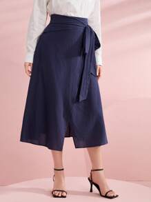 Seusyu Solid Tie Side Wrap Skirt - Navy Blue - View 5