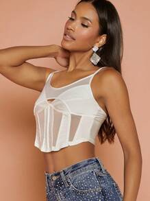 Hauture 网眼拼接紧身胸衣性感吊带短款上衣 - 白色 - 查看 3