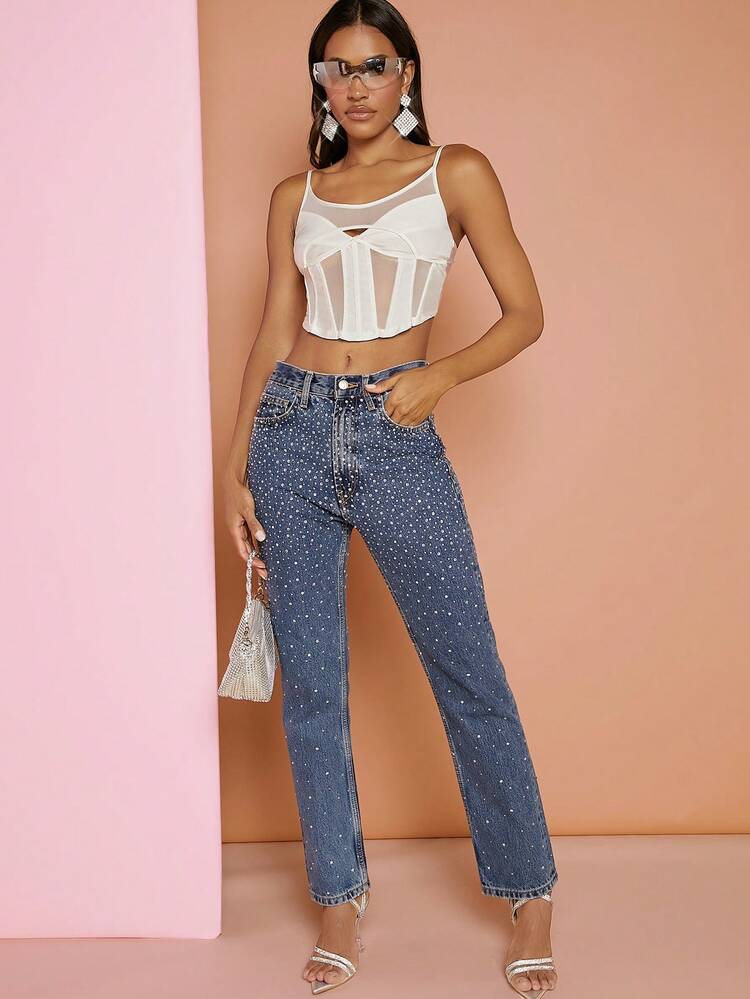 Hauture 网眼拼接紧身胸衣性感吊带短款上衣 - 白色 - 查看 5