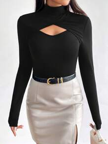 Firerie Cut Out Front High Neck Black Tee - Black - View 6