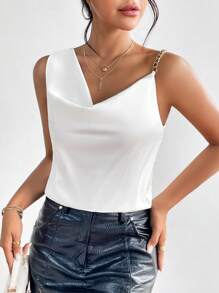Firerie Blusa sólida con detalle asimétrico en el cuello y adorno de cadena, parte superior para salir - Blanco - Ver 3