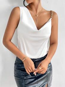 Firerie Blusa sólida con detalle asimétrico en el cuello y adorno de cadena, parte superior para salir - Blanco - Ver 6