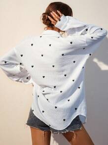 Cottnline Heart Embroidery Pocket Patched Drop Shoulder Shirt - Black - View 2