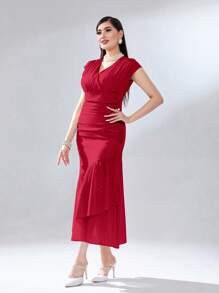 Modelyn Vestido de lunares fruncido bajo con fruncido - Rojo - Ver 4