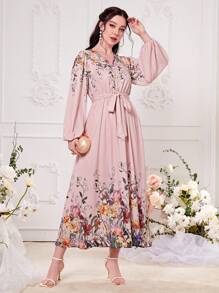 Modelyn Floral Print Lantern Sleeve Belted Dress - Dusty Pink - View 3