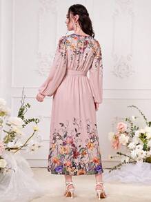 Modelyn Floral Print Lantern Sleeve Belted Dress - Dusty Pink - View 2