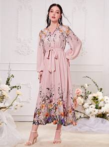 Modelyn Floral Print Lantern Sleeve Belted Dress - Dusty Pink - View 1