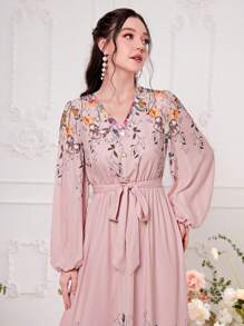 Modelyn Floral Print Lantern Sleeve Belted Dress - Dusty Pink - View 4