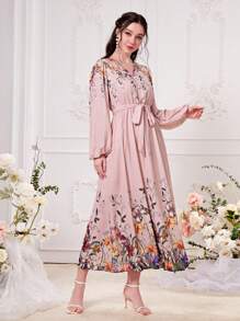 Modelyn Floral Print Lantern Sleeve Belted Dress - Dusty Pink - View 5