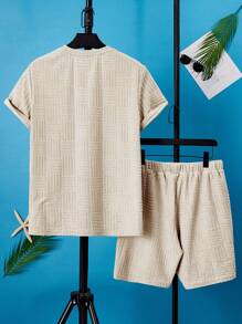 Manfinity NXTstreet Hombres Camiseta unicolor & de cintura con cordón Shorts - Beis - Ver 2