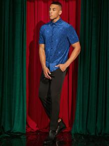 Manfinity BRENVOR Solid Color Front Button Casual Versatile Summer Short Sleeve Woven Shirt - Blue - View 4