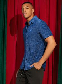 Manfinity BRENVOR Solid Color Front Button Casual Versatile Summer Short Sleeve Woven Shirt - Blue - View 7