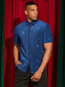 Manfinity BRENVOR Solid Color Front Button Casual Versatile Summer Short Sleeve Woven Shirt - Blue - View 5