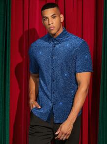 Manfinity BRENVOR Solid Color Front Button Casual Versatile Summer Short Sleeve Woven Shirt - Blue - View 8