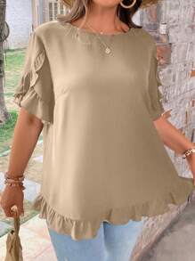 SHEIN LUNE 大碼荷葉邊荷葉袖襯衫 - 杏色 - 查看 5