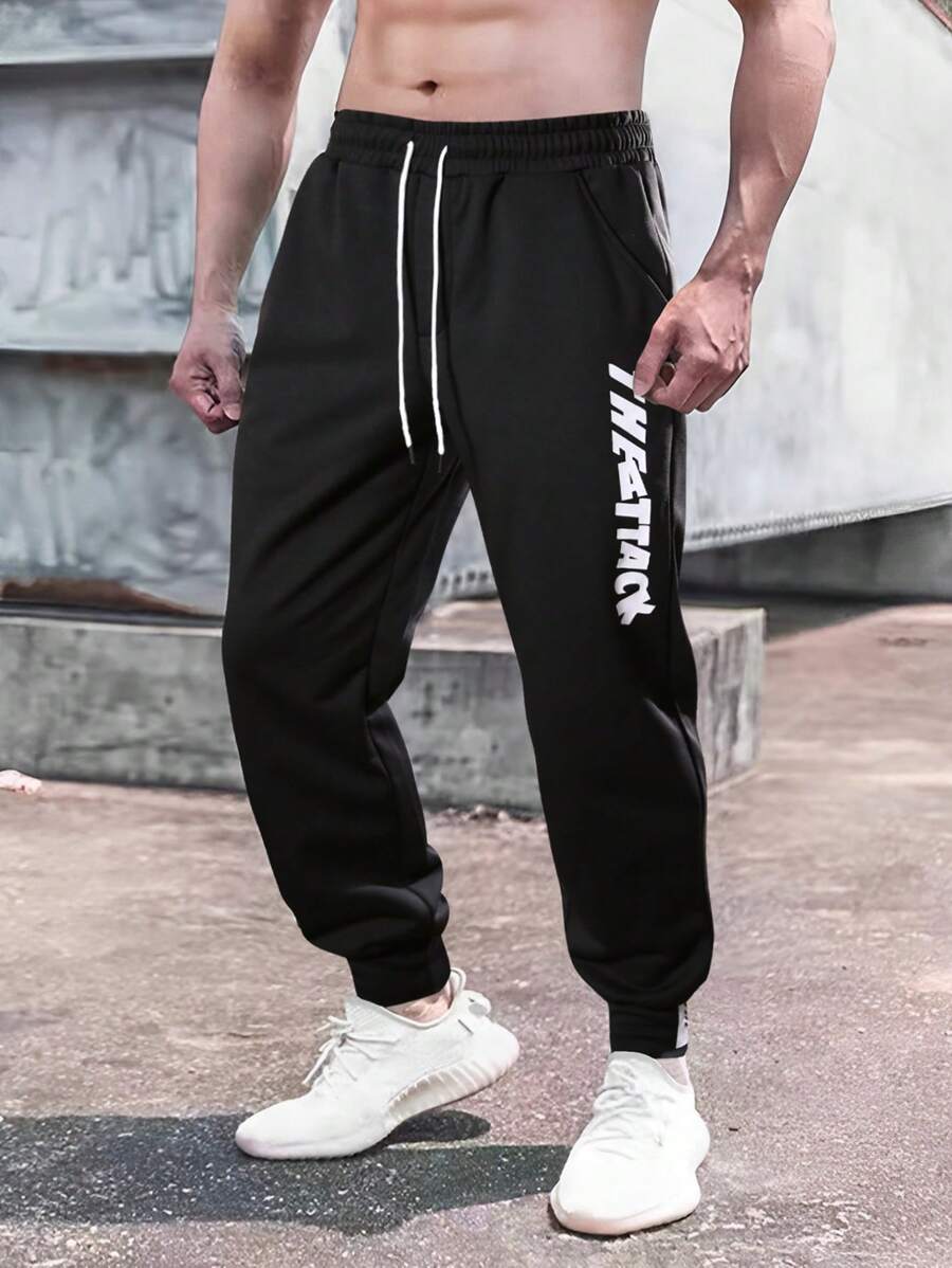 Aesthetic Post Nam Đồ họa Chữ cái Eo dây rút Quần thể thao - màu đen - Xem 1