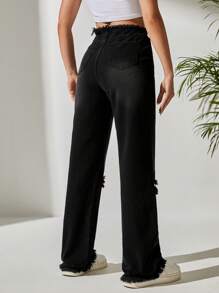SHEIN PETITE Ripped Raw Hem Straight Leg Jeans - Black - View 2