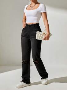 SHEIN PETITE Ripped Raw Hem Straight Leg Jeans - Black - View 4