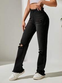 SHEIN PETITE Ripped Raw Hem Straight Leg Jeans - Black - View 3