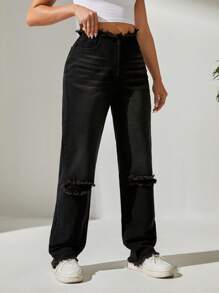 SHEIN PETITE Ripped Raw Hem Straight Leg Jeans - Black - View 5