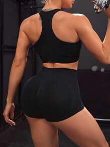 Gameset SHEIN Sport 無縫壓褶臀部寬鬆腰運動短褲摩托車短褲彈性緊身短褲 - 黑色 - 查看 5