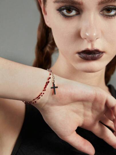 Academia 1pc Funky Zinc Alloy Bead Cross Decor Layered Bracelet For Women For Daily Decoration