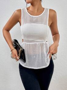 SHEIN Privé 鏤空荷葉擺背心上衣 - 白色 - 查看 4