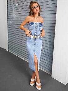 SHEIN ICON 前紐扣高衩抹胸牛仔連衣裙不附腰帶 - 淺色水洗藍 - 查看 5