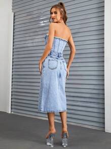 SHEIN ICON 前紐扣高衩抹胸牛仔連衣裙不附腰帶 - 淺色水洗藍 - 查看 3