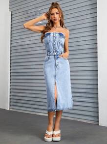 SHEIN ICON 前紐扣高衩抹胸牛仔連衣裙不附腰帶 - 淺色水洗藍 - 查看 6