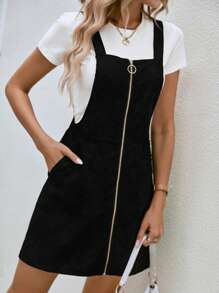 EMERY ROSE 拉鏈開襟背帶洋裝不帶T恤 - 黑色 - 查看 3