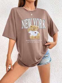 SHEIN EZwear Bear & Slogan Graphic Drop Shoulder Tee - Camel - View 1