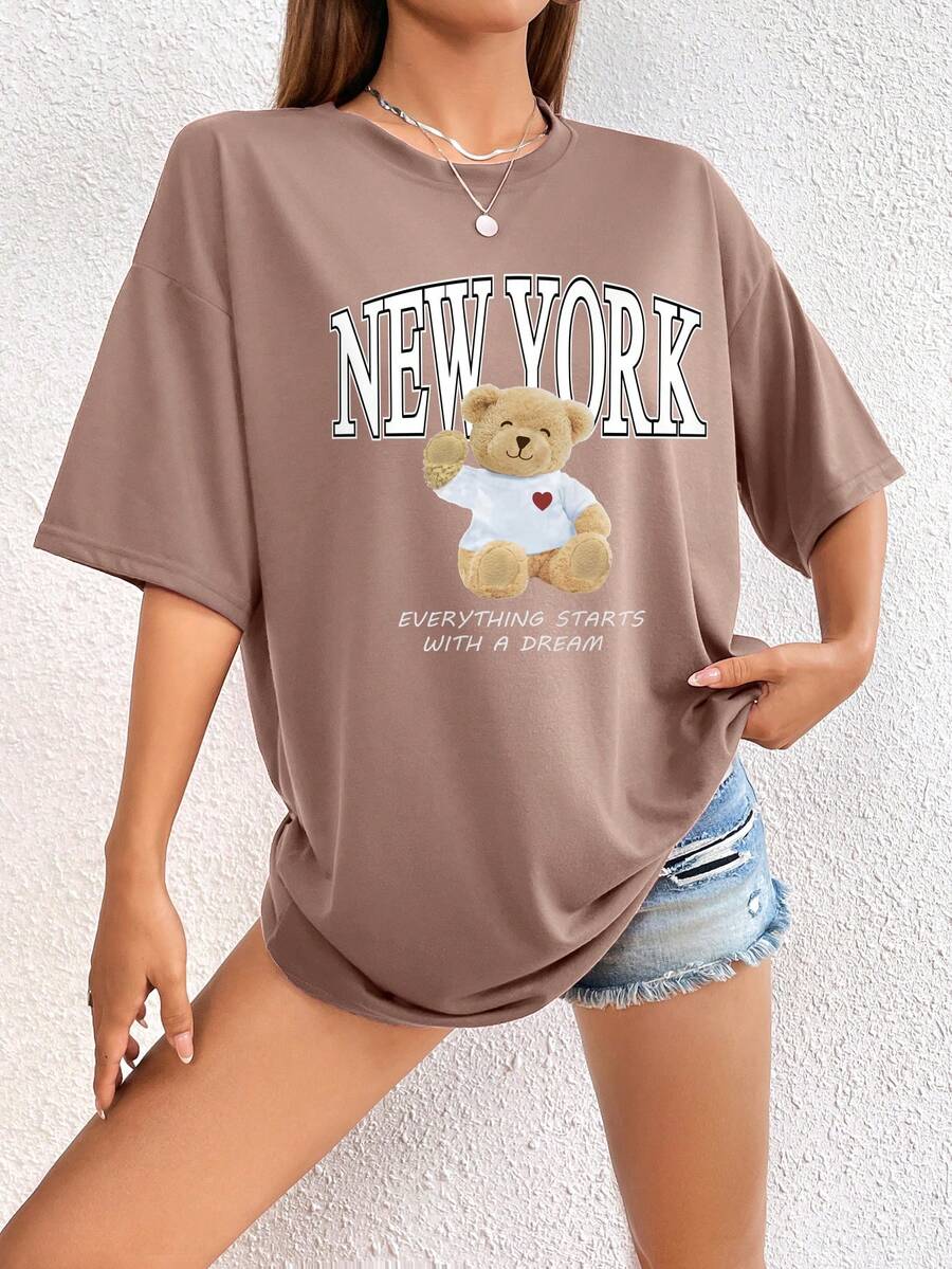 SHEIN EZwear Bear & Slogan Graphic Drop Shoulder Tee - Camel - View 1