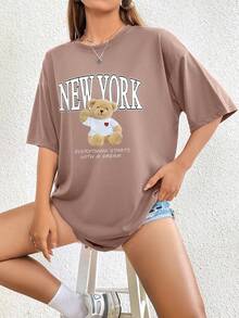 SHEIN EZwear Bear & Slogan Graphic Drop Shoulder Tee - Camel - View 3