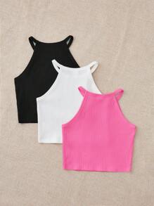 SHEIN Young Girl 3pcs Ribbed Knit Halter Top - Multicolor - View 2