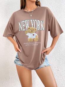 SHEIN EZwear Bear & Slogan Graphic Drop Shoulder Tee - Camel - View 5