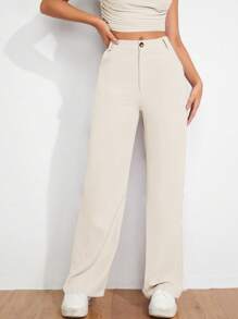 EURMUSE Women's Solid Color High Waist Wide Leg Loose Casual Pants - Krem - View 5