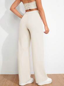EURMUSE Women's Solid Color High Waist Wide Leg Loose Casual Pants - Krem - View 2