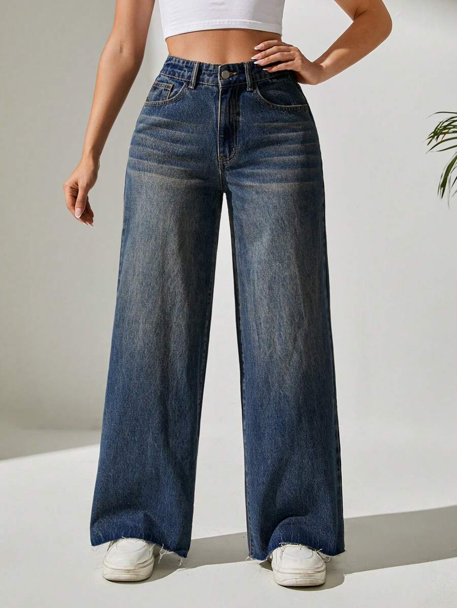 SHEIN PETITE 斜口袋闊腿牛仔褲 - 深色水洗藍 - 查看 1