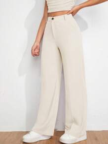 EURMUSE Women's Solid Color High Waist Wide Leg Loose Casual Pants - Krem - View 3